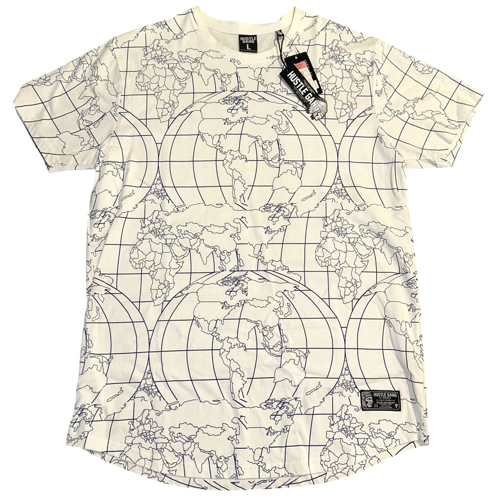 NWT Hustle Gang Mens Large World Map All Over Print T-Shirt White Blue